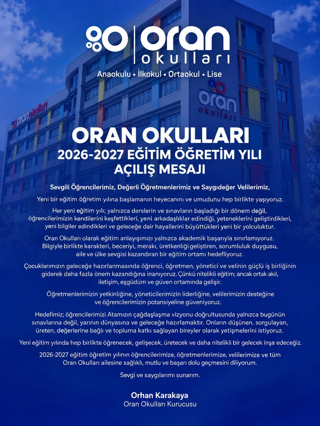 ORAN OKULLARI 2026-2027 EĞİTİM ÖĞRETİM YILI AÇILIŞ MESAJI