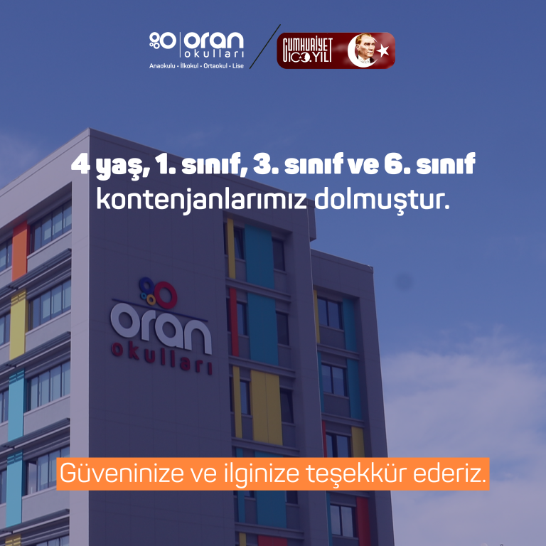 4 Yaş, 1.Sınıf, 3.Sınıf ve 6.Sınıf kontenjanlarımız dolmuştur. Güveninize ve ilginize teşekkür ederiz.