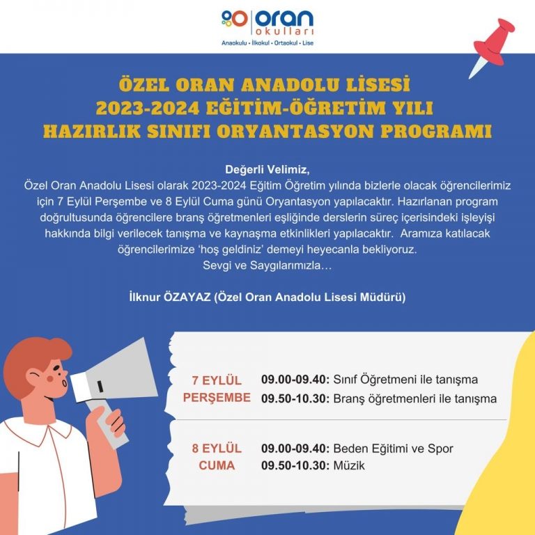 Özel Oran Anadolu Lisesi ''Hazırlık Sınıfı Oryantasyon Programımız'' 7-8 Eylül de yapılacaktır. görseli 1