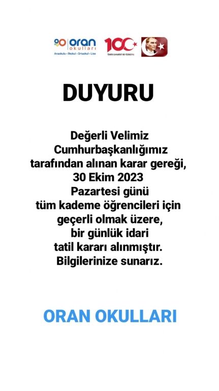 30 Ekim 2023 Pazartesi tüm kademe öğrencileri için geçerli bir günlük idari tatil kararı alınmıştır
