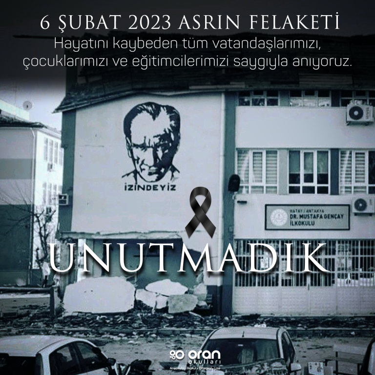 6 Şubat 2023 tarihinde gerçekleşen ve ülkemizi derinden etkileyen asrın felaketinin yıl dönümünde hayatını kaybeden vatandaşlarımızı, çocuklarımızı ve eğitimcilerimizi saygıyla anıyoruz.