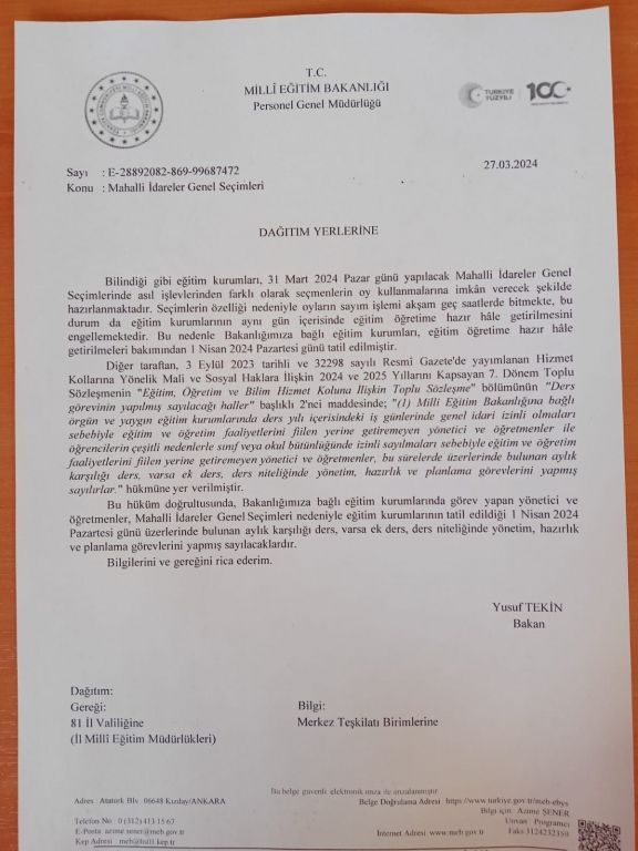 Mahalli İdareler Genel Seçimleri doyasıyla 1 Nisan tarihinde eğitim öğretime ara verilecektir görseli 1
