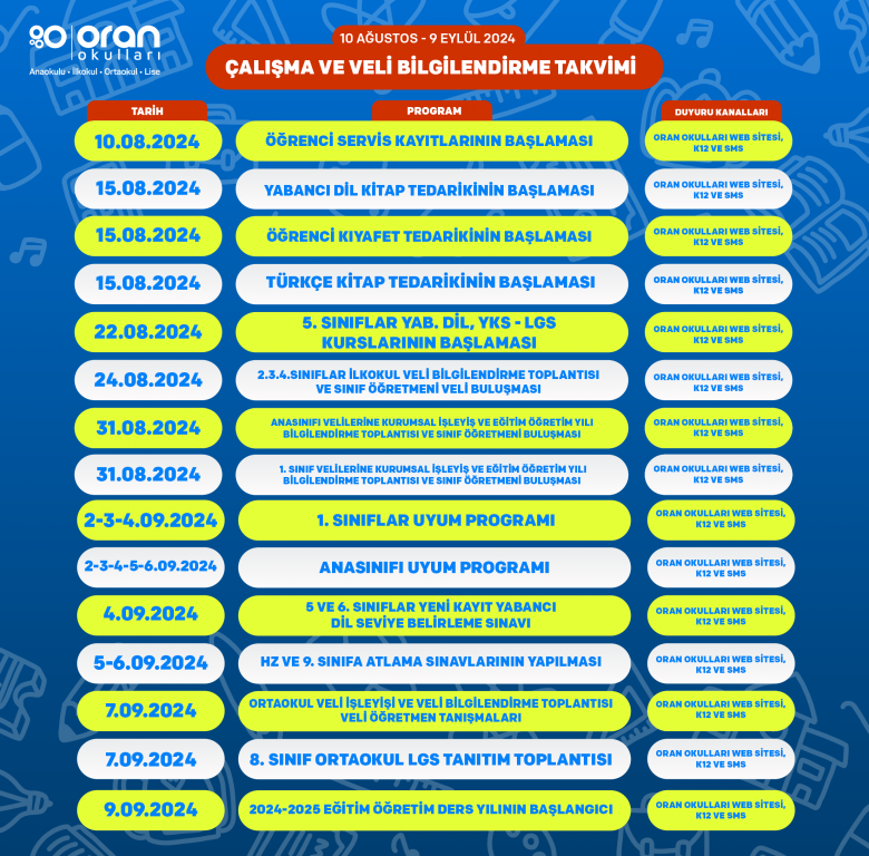 2024-2025 Eğitim Öğretim Yılı Hazırlık Çalışma Takvimi
