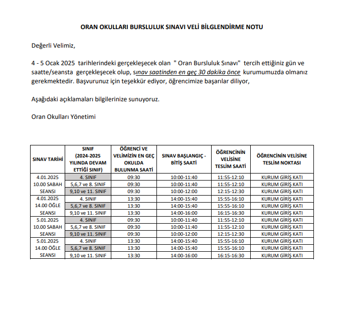 Bursluluk Sınav Saatleri ve Diğer Bilgiler İçin Tıklayınız.