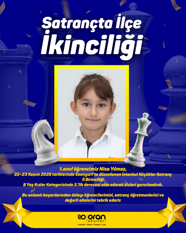 1.sınıf öğrencimiz Nisa Yılmaz, 22–23 Kasım 2025 tarihlerinde Esenyurt’ta düzenlenen İstanbul Küçükler Satranç İl Birinciliği 8 Yaş Kızlar Kategorisinde 2.’lik derecesi elde ederek bizleri gururlandırdı.