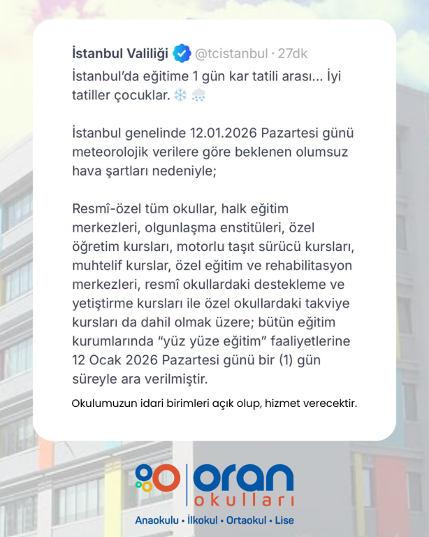 İstanbul’da eğitime 1 gün kar tatili