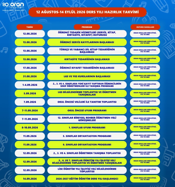 12 AĞUSTOS-14 EYLÜL 2026 DERS YILI HAZIRLIK TAKVİMİ